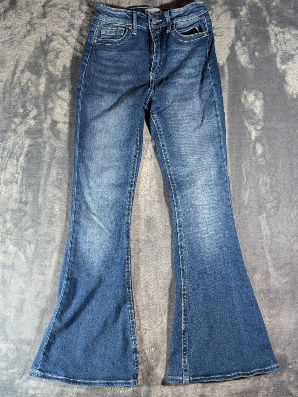 Y2K Boho Flare Bell Bottom Jeans Womens 26 Rhapsodielle High Rise Stretch Denim